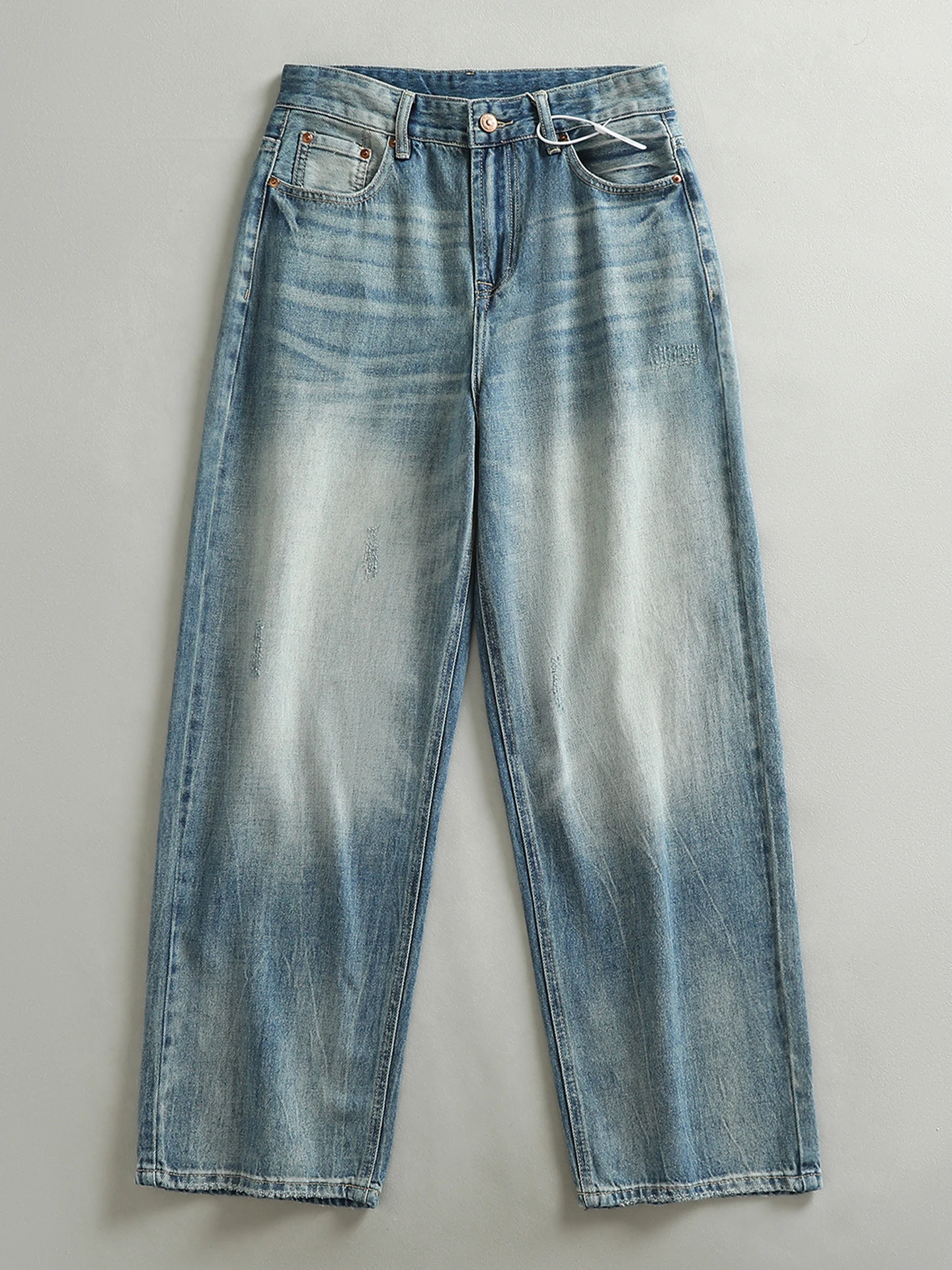 

Retro Washed Light Blue Men's Jeans High Street Style Wide Leg Straight Cut Casual Trousers Comfortable Breathable Cotton Blend