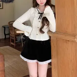 Sweet Lace Knitted Pullovers Spring Autumn Solid Color Basic Slim Women's Clothing Spliced Chic Bow Button Long Sleeve T-shirt