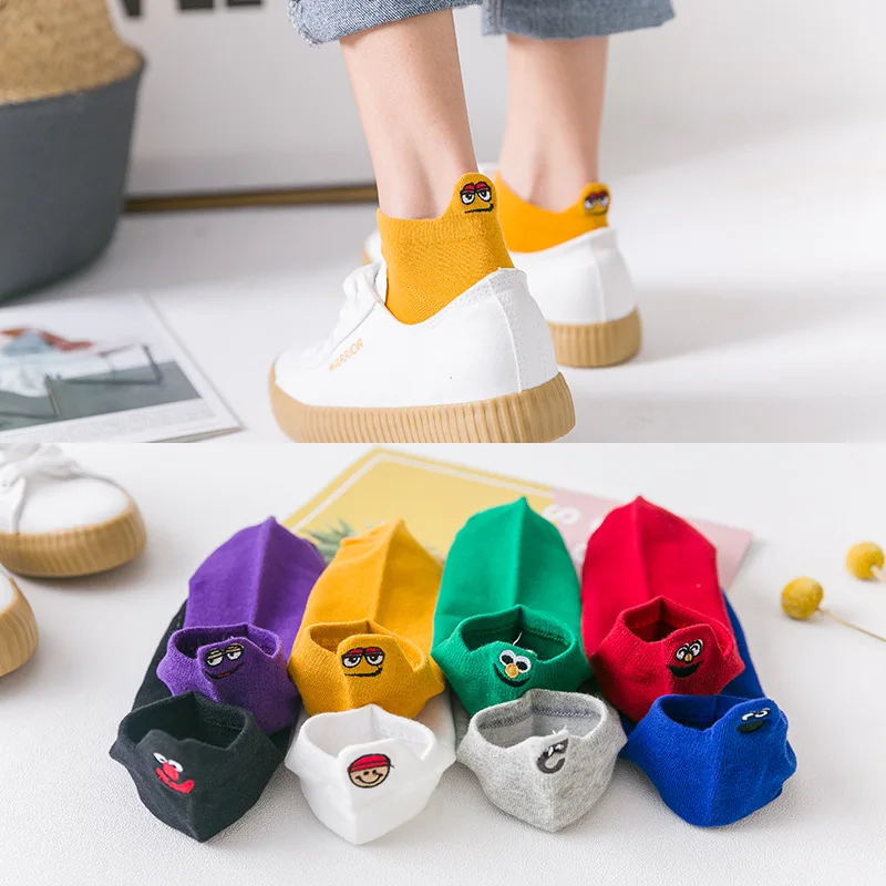 Size 35-42 Kawaii Women Socks Fashion Ankle Funny Socks Women Cotton Embroidered Expression Candy Color 4 Pairs
