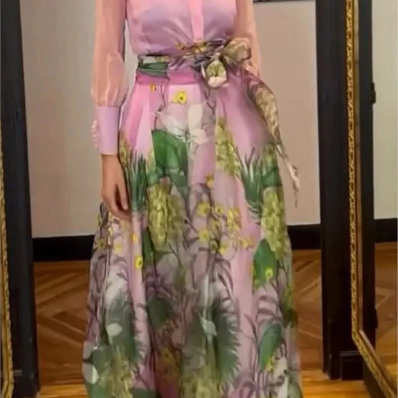 Casual Lapel Lantern Sleeve Shirt + Long Skirt Suit 2025 Fashion Lace Up Party Outfit Elegant Pattern Print  2 Piece Skirt Set image 5