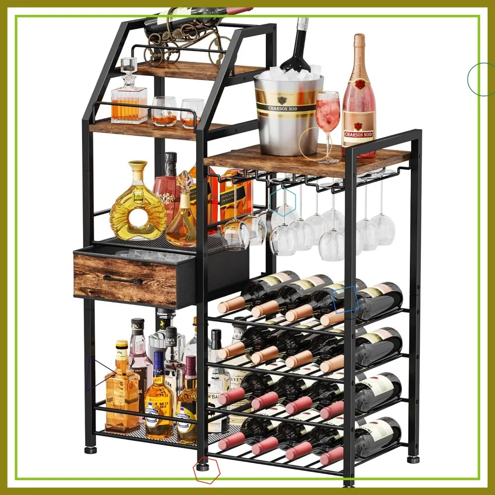 

Freestanding Multi-Tier Wine Rack with Fabric Drawer and Glass Holder, Vintage Whiskey Cabinet for Home Storage