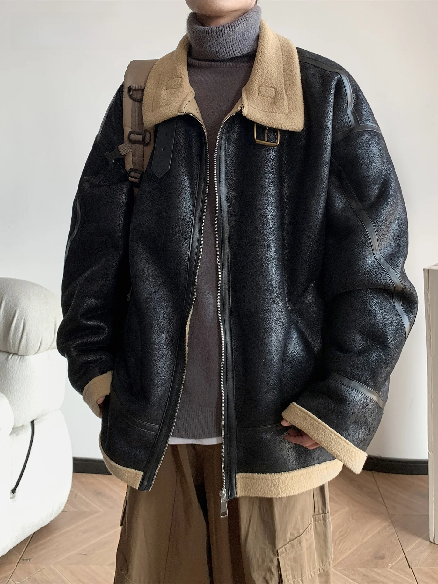 ملابس رجالية من جلد الغزال من American Sle ملابس شتوية دافئة من الجلد والفرو المتكامل للدراجات النارية ملابس قطنية #2