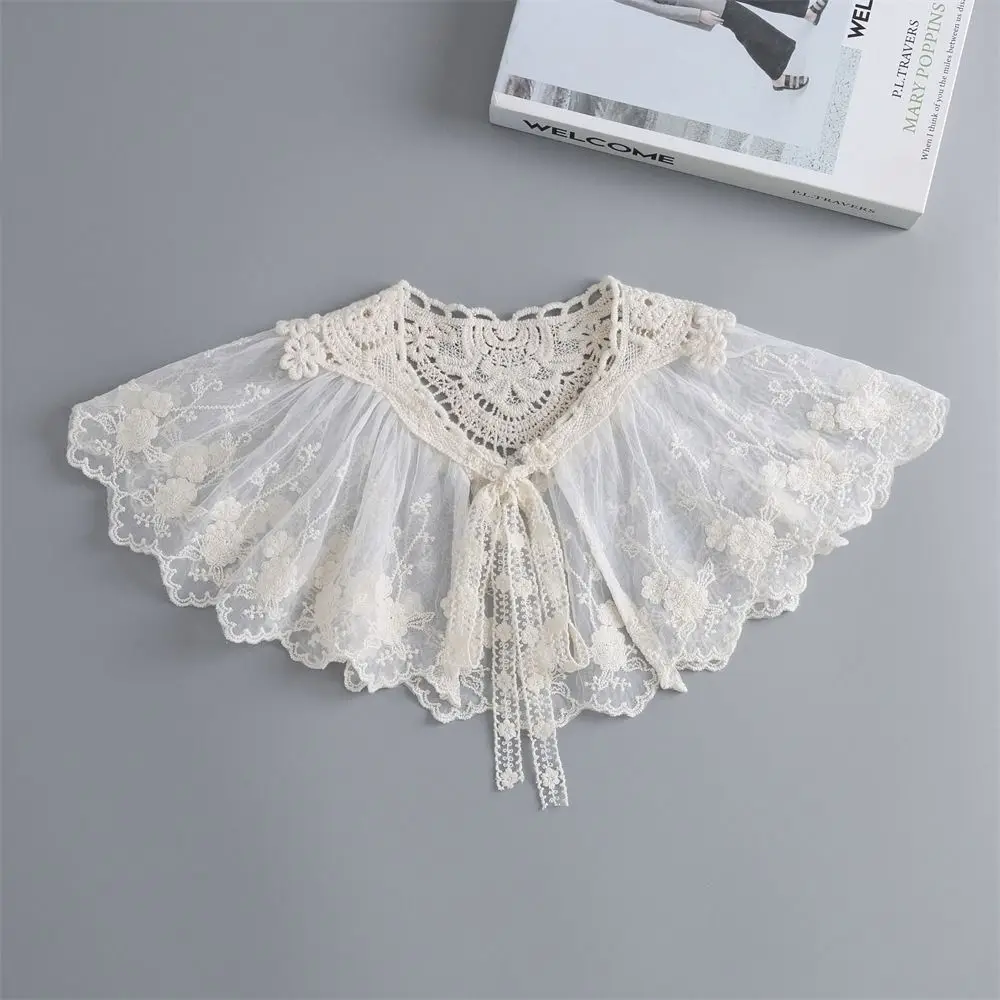 Retro Cape Embroidered Lace Fake Collar Floral Chiffon Small Shawl Embroidery Cloak Blouse False Collars Scarf Accessories