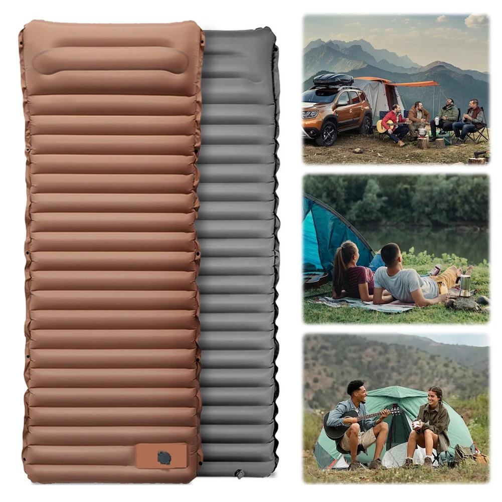 

10cm Ultralight Camping Mat with Foot Pump & Pillow Inflatable Sleeping Mat Waterproof Lightweight Air Cushion for Outdoor Use