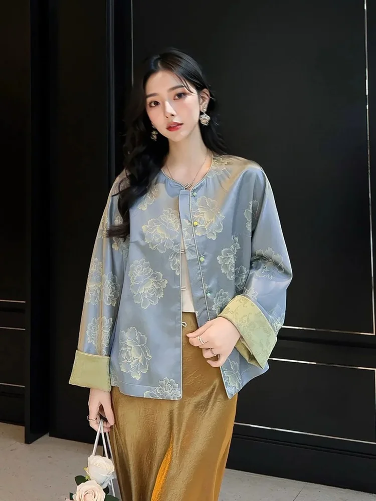 

Silk ort Jaet Women's Retro High-End Tulip Embroidery Chinese Sle irt Faionable Unique Top round Ne Long Sve