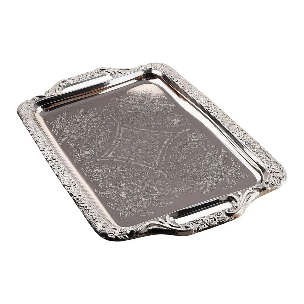 Stainless Steel Serving Tray with Time-Honored Embossed Design and Practical Side Handle Configuration for Home or Event