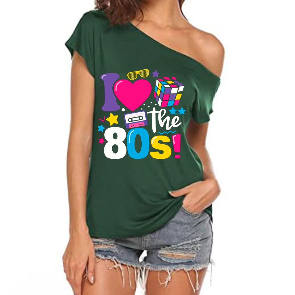 XUANSHOW 2024 Sommer I Love the 80s Emotional Element T-Shirt Sexy Off Shoulder Tops Kurzarm Buchstaben bedrucktes T-Shirt – Detail 9