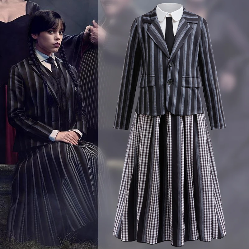 

Girl Set Wednesday Adams Cosplay Costume Birthday Party Stage Perform Clothing Halloween Carnival Kids Dress Up Suit 3-12 Year