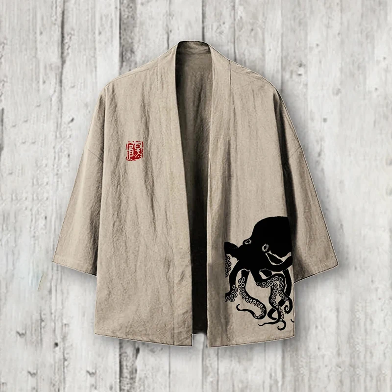 Men's Casual Kimono Style Octopus Print 0 Japanese Letter Print Yukata Cardigan Summer Women's Harajuku Loose Front Open Shirt