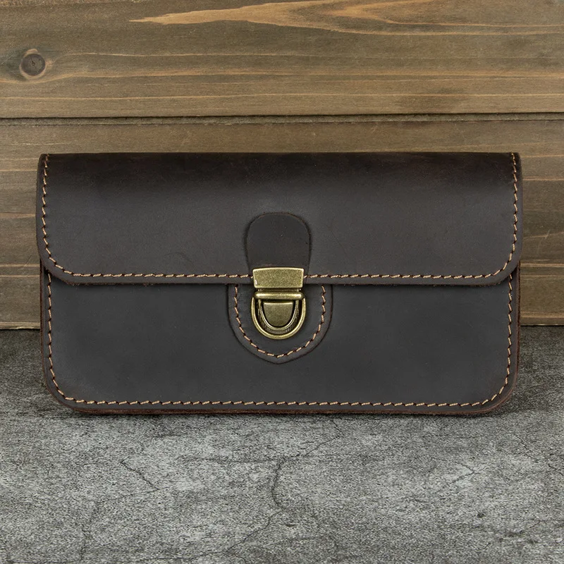 Leather mobile phone wallet - double-layer horizontal style - pure cowhide retro bag - construction site work bag