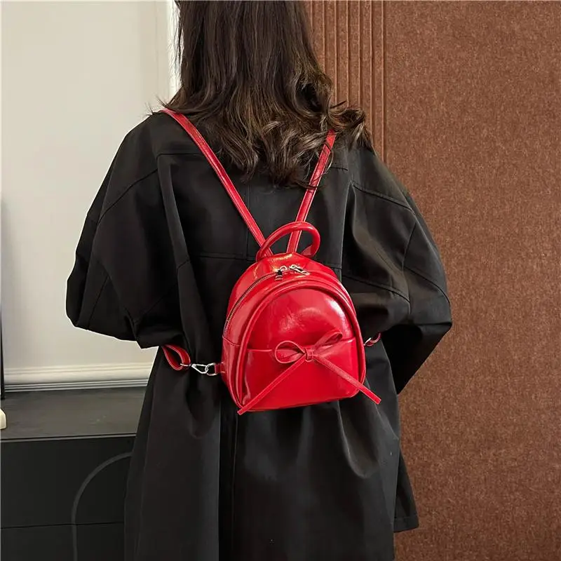 Simple and Fashionable, Women's PU Backpack, Cute Solid Bow, Waterproof Zipper Bag