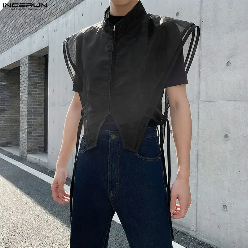 

INCERUN Men's Vests Solid Color Stand Collar Sleeveless Irregular Waistcoats For Man See Through Zipper Stylish Men Clothes Tops
