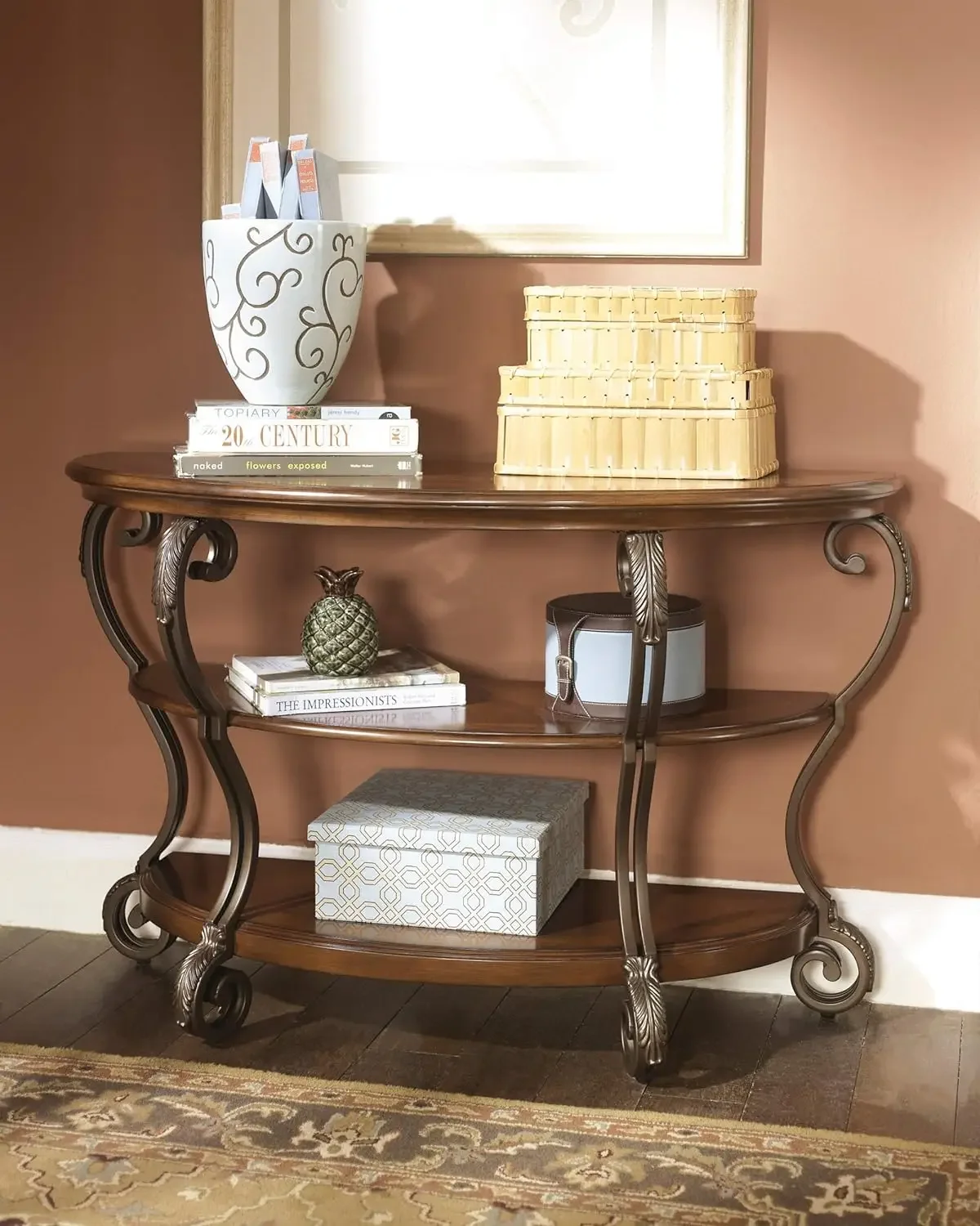 Ashley Nestor Traditional Hand-Finished Half Moon Sofa Table, 2 Fixed Shelves, Dark Brown, Signature Design