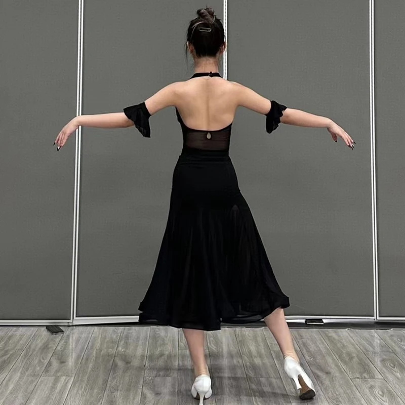 New Ballroom Dance Clothes Black Halter Neck Tops Black Skirt Women Practice Wear Adult Waltz Dance Performance Dress BL12322