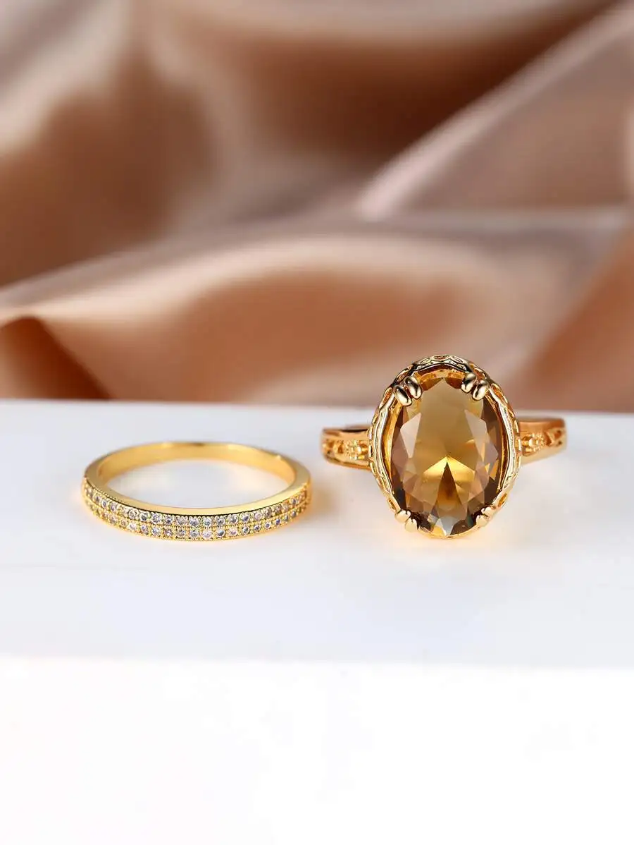 Elegant Oval Zirconia Ring Set With Yellow And Brown Gemstones For Women