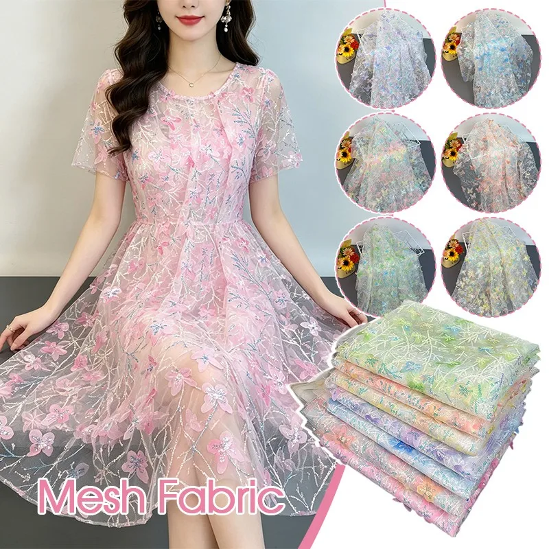 90x130cm Gradient Butterfly Sequin Tulle Fabric 3D Embroidered Mesh Backdrop Party Decor Material Stage Costumes Ethnic Clothing