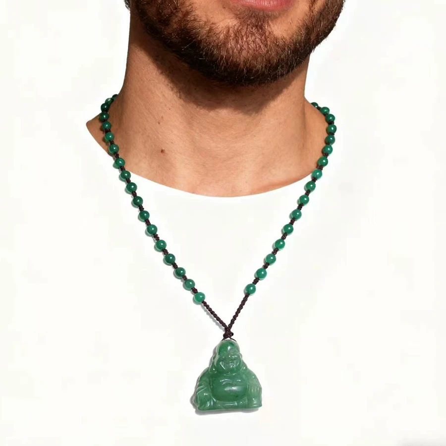 

Unit One Piece Natural Green Aventurine Gemstone Crystal Laugh Buddha Carving Necklace Pendant With Natural Agate Bead Chain