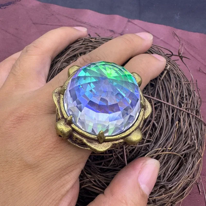 07 Oversize unisex ring with 30mm cultured multicolor corundum, carved and polished surface vintage statement finger jewelry