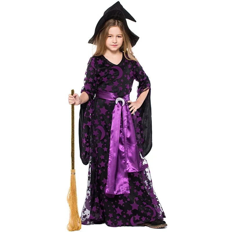 

Halloween Girls Witch Costume Purple Moon Star Cute Witch Fancy Dress
