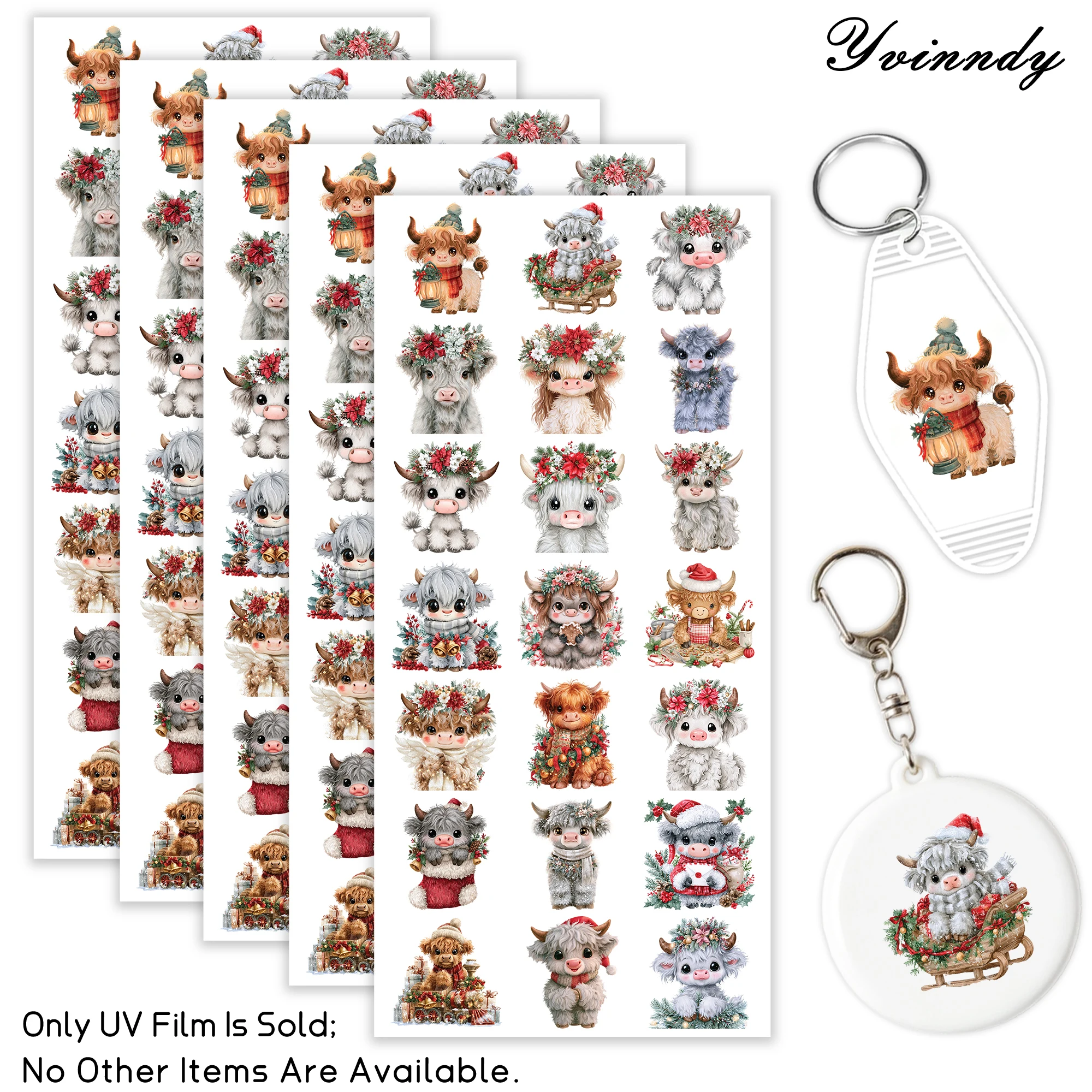 105pcs/set Highland Cow Christmas Clipart UV DTF Transfer Sticker Craft Kits with Crystal Label 16oz Glass Jars Wrap Stickers