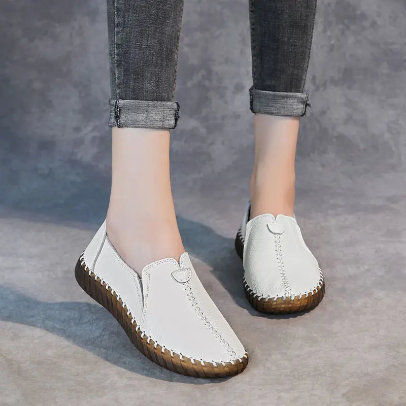 New Genuine Leather Shoes Women Cozy Soft Ballet Flats Handmade Slip On Shoes Ladies Driving Moccasins Blue Mother Nurse Shoes