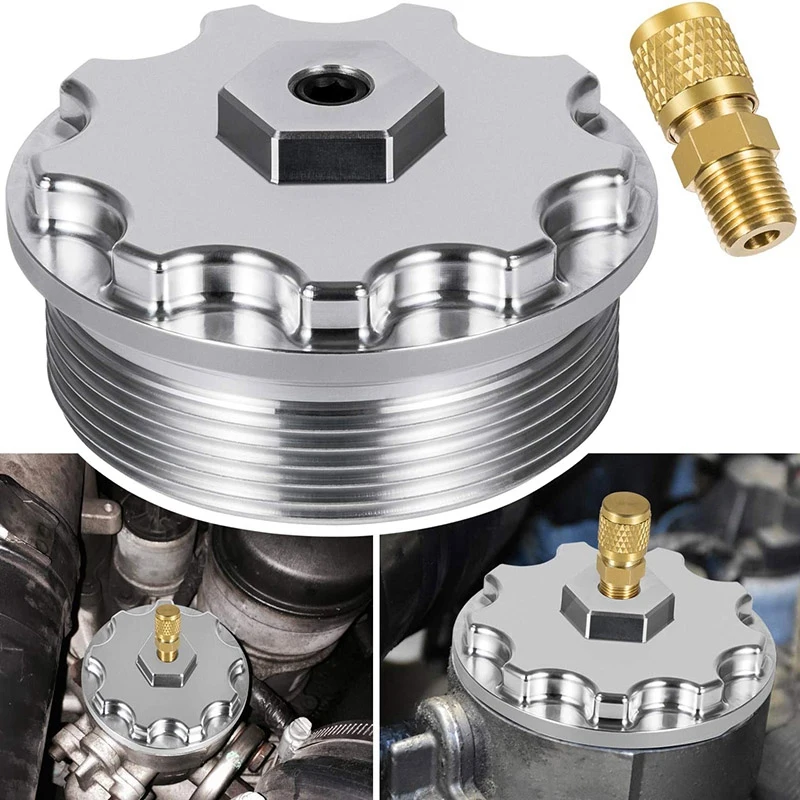 Aluminum Fuel Filter Cap with Pressure Port for 2003-2007 Ford 6.0L Powerstroke F250 F350 F450 F550 F650 F750 E150 E250