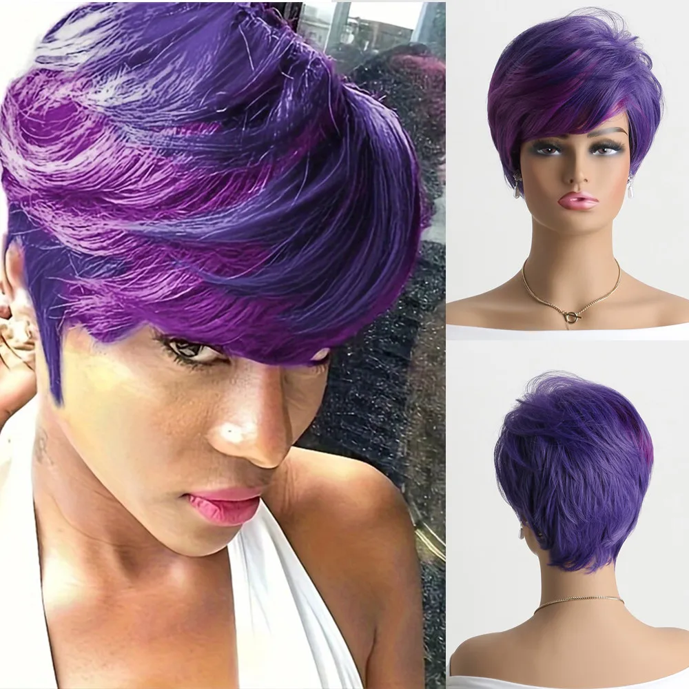 SQRDGQ Synthetic Hair Woman Wigs Natural Short Wig with Bangs Pixie Cut Purple Wig Female Daily Party Cosplay Women's Wigs