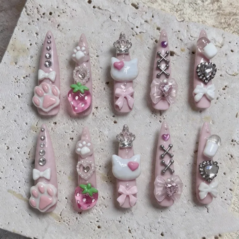Nuevas 10 piezas de uñas postizas de princesa gato, rosa y blanco, Y2K, suaves y lindas, para chicas, subcultura, desmontables, herramientas de manicura
