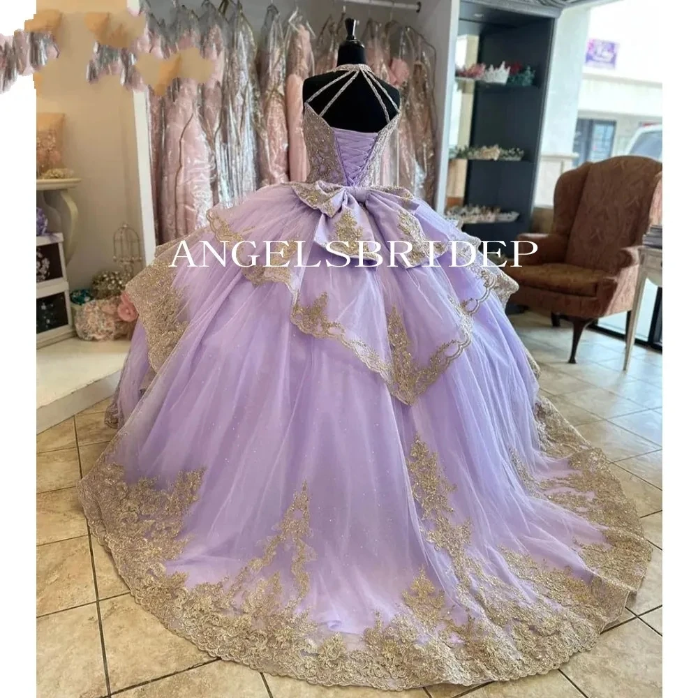 Angelsbridep-vestido De Quinceañera De lavanda brillante, cuello Halter escalonado, apliques dorados, cuentas De cristal, corsé De 15 Años