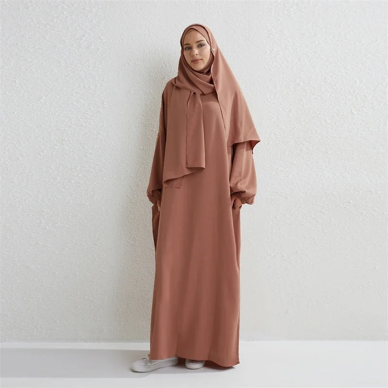 

Muslim Abaya Prayer Dress One-piece Hooded Smocking Sleeve Islamic Clothing Women Jilbab Dubai Saudi Black Robe Turkish Modesty