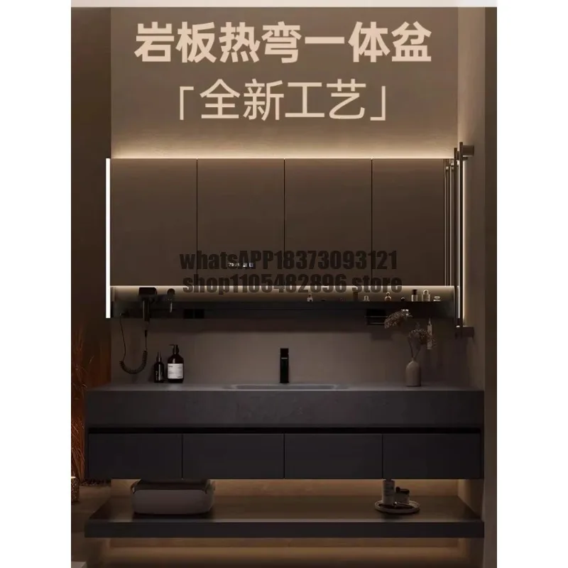 Hotel rock slab hot bending integrated basin bathroom cabinet double layer hanging washing table combination