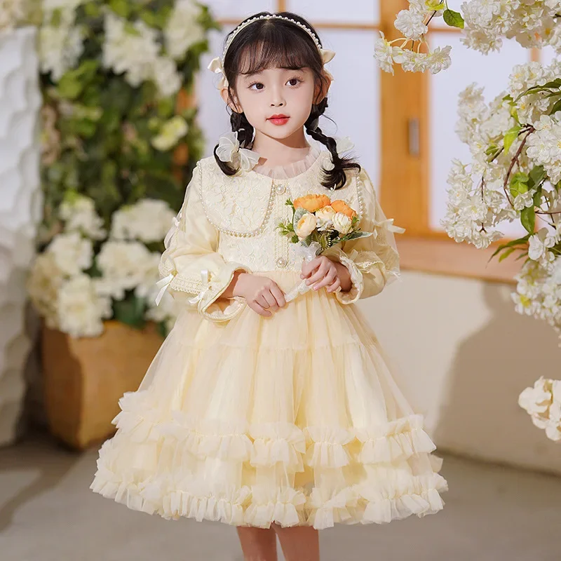 

Autumn Winter Long Sleeve Lace Sequins Wedding Princess Dress Host Birthday Evening Kids Dress Girl Bridesmaid Children Clothes