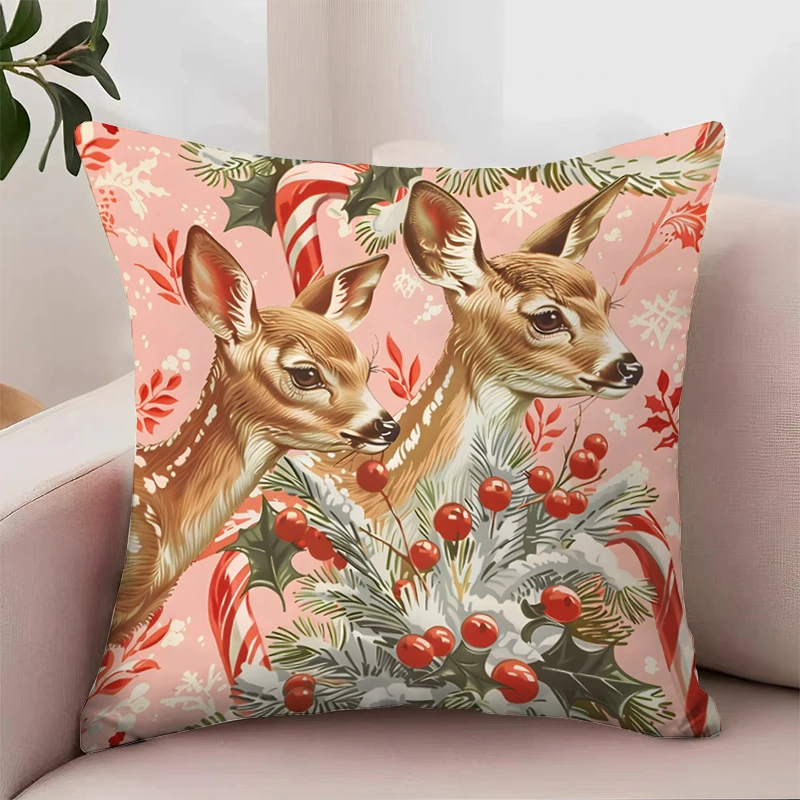 Christmas Decoration Pillowcase Happy New Year Deer Pillow Cover 50x50 Sofa Cushion Cover Double sided Printed Red and White