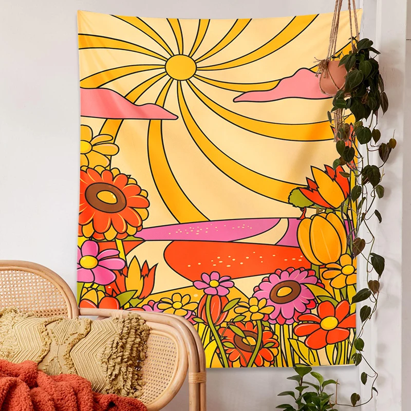 Retro 70s tapestry Floral Pattern rainbow sun Landscape Art 60s Wall Art Abstract Landscape Vintage Boho Home Decor Wall Hanging