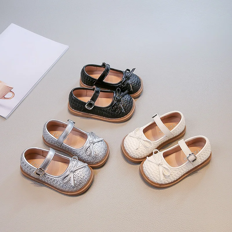 

Кожаная обувь для девочек, весна-осень 2023, новые тканые элегантные детские туфли принцессы с бантом, нескользящая детская обувь на мягкой подошве