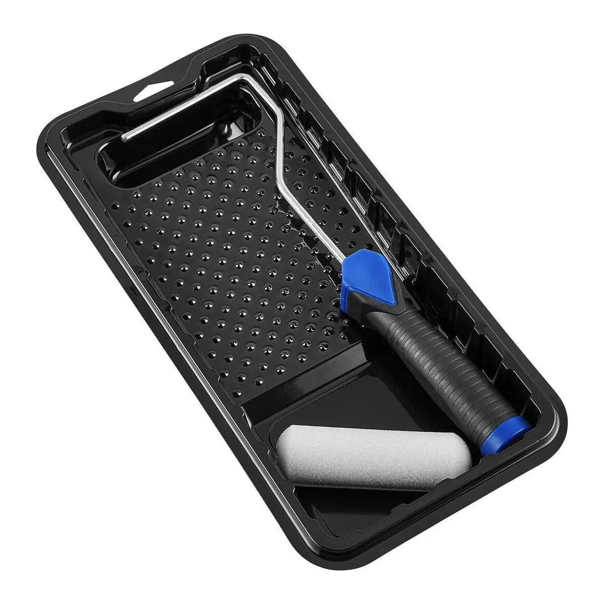 3-piece mini roller set includes 4" PET paint tray; 4" stick mini roller stand with 6mm shaft; 4" high-density roller foam