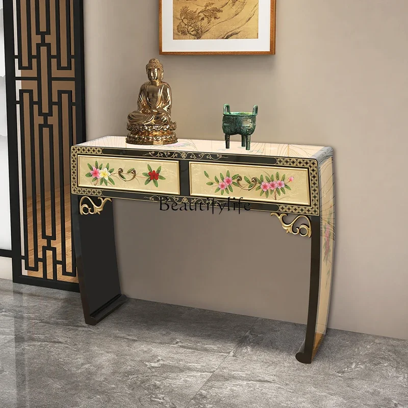 

New Chinese style semi-round hand-painted entrance table, solid wood drawer, entrance cabinet against the wall