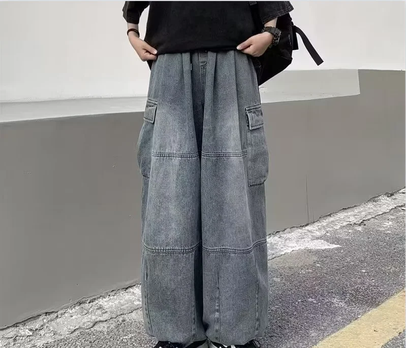 2024 Spring Autumn Men Baggy Jeans Men Wide Leg Pants Big Pockets Elastic Waist Streetwear Trousers Male Loose Denim Pants