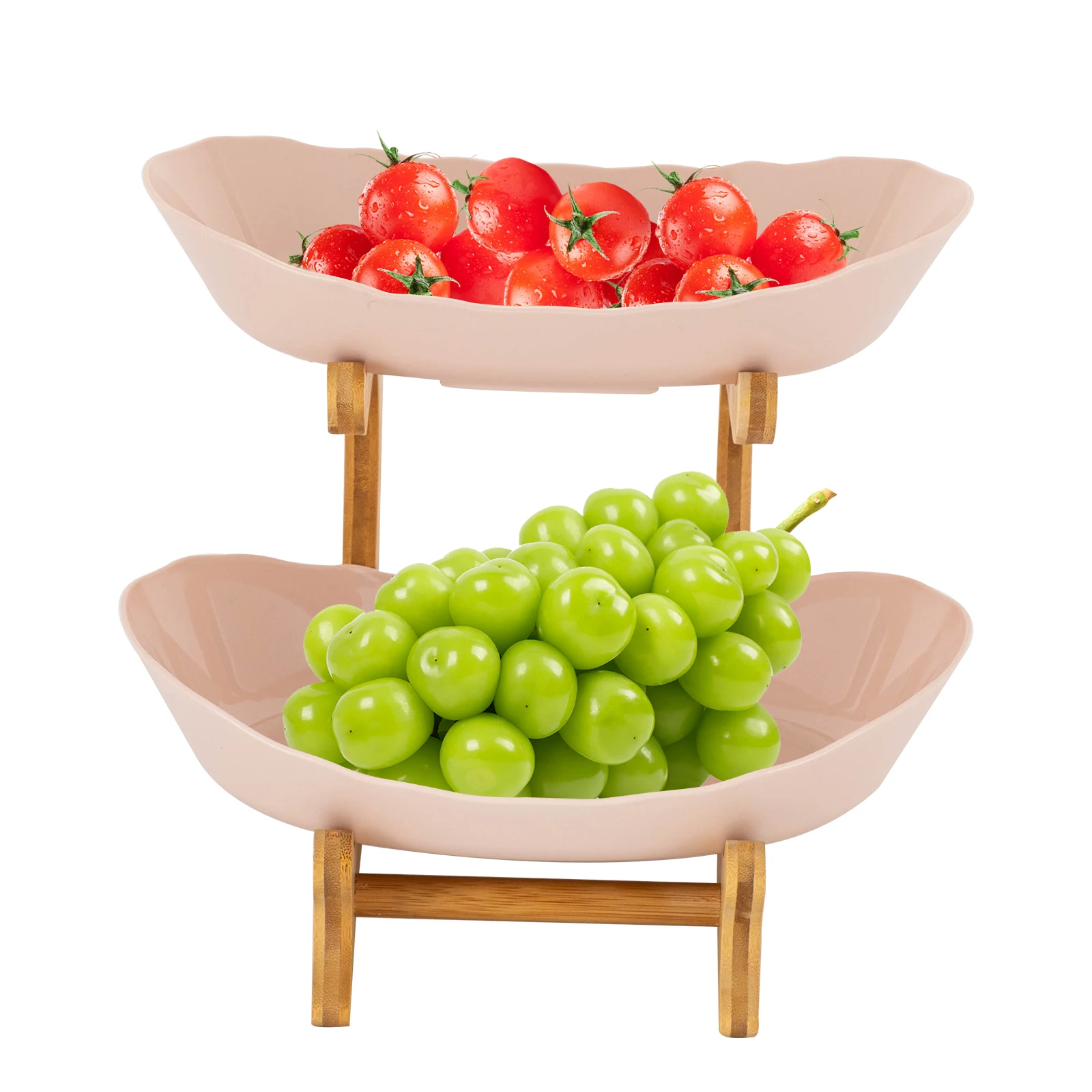 

2-Tier Fruit Basket with Bamboo Wood and Food-Grade PP, Detachable Bowls with Non-Slip Bottoms, User-Friendly Design for Easy