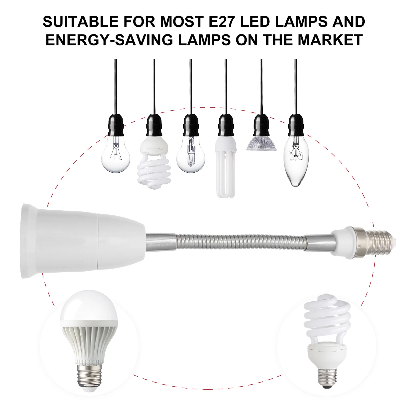 

2Pcs Flexible Bendable Lamp Holder Extension Socket Extender Adaptor Adjustable Neck for Light Bulb Direction Control