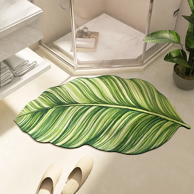 Modern Floral Door Mat Green Plant Bathroom Floor Mat, Bathroom Absorbent Floor Mat Household Irregular Door Mat Area Rug