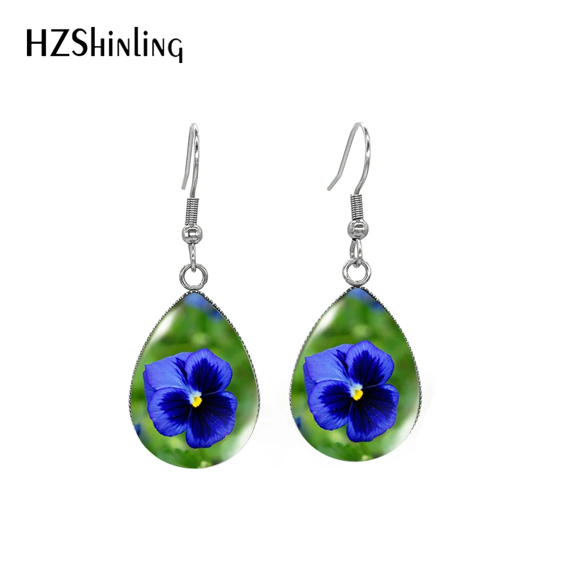 Violet Wing Pansy Seeds Paintings Water Drop Dangle Hook Glass Cabochon Stainless Steel Earrings Jewelry