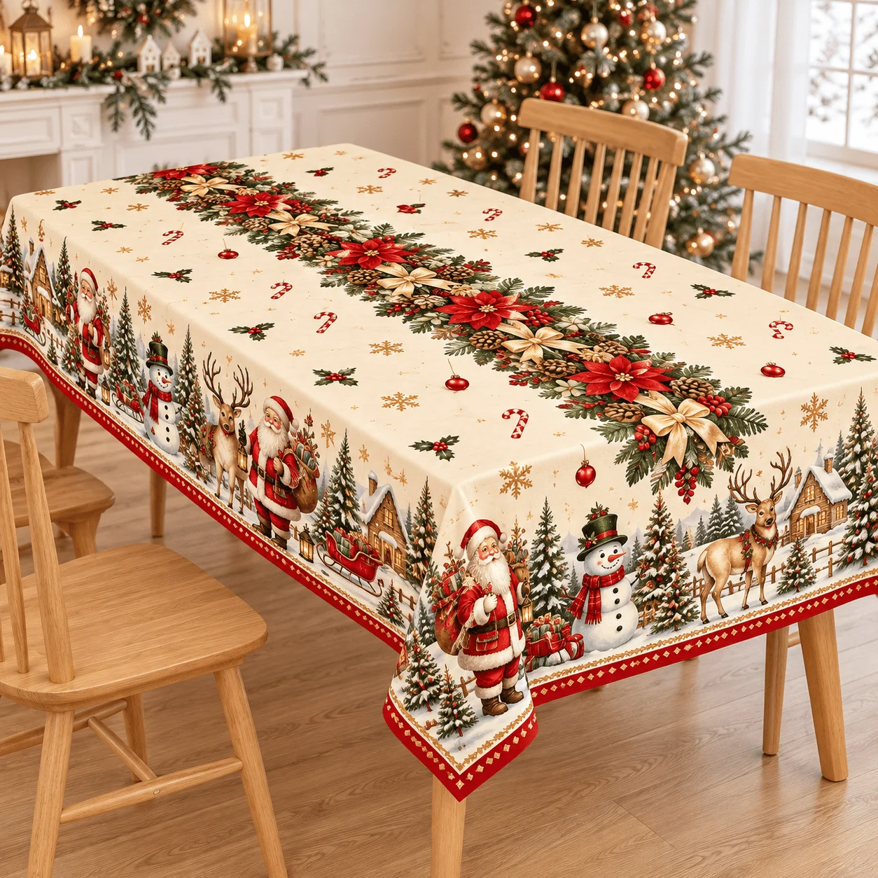 1 tablecloth, Christmas table rectangular tablecloth, cream base color with Santa, snowman, reindeer and igloo print