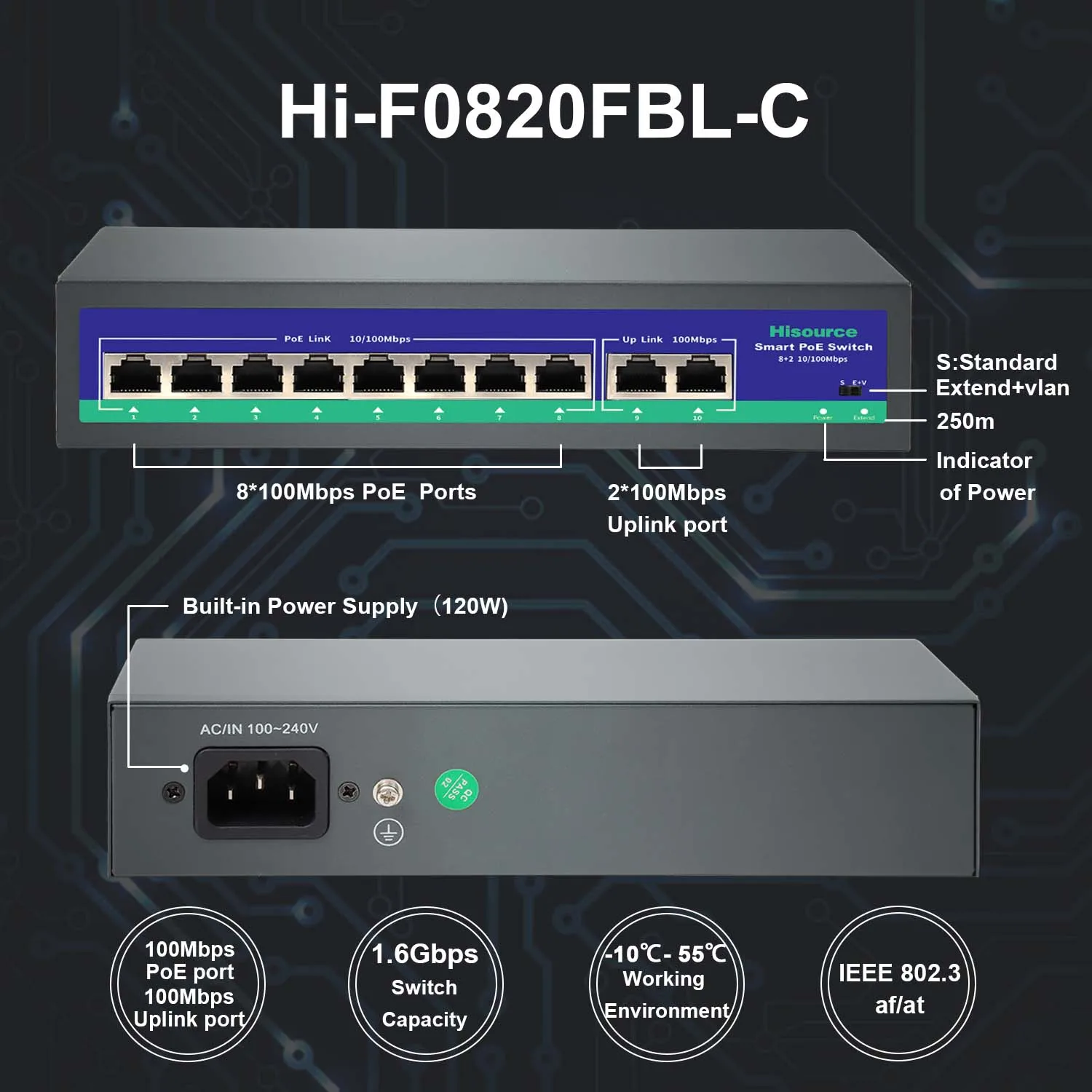 Hisource 8 10/100Mbps Ports Network Switch 250M Uplink 2*100 or 2*1000Mbps with VLAN for IPC/NVR