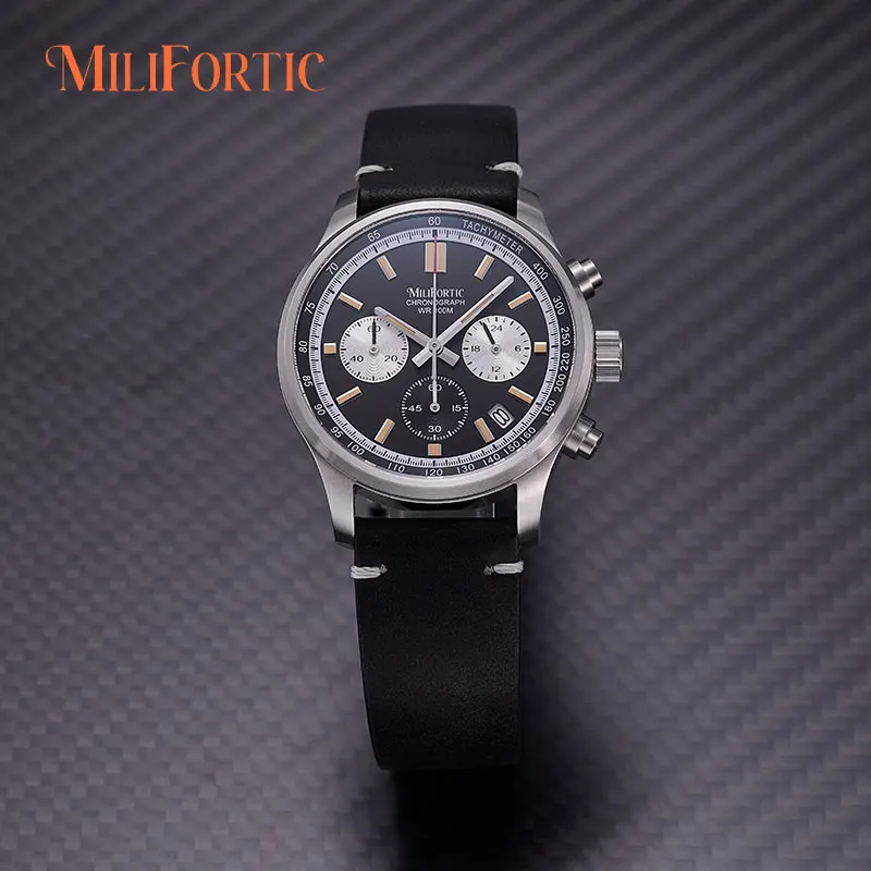 Cronógrafo Milifortic R079 39 mm Movimiento de cuarzo 3 subesferas Calendario clásico de 24 horas Relojes de pulsera de vestir para hombre de estilo vintage