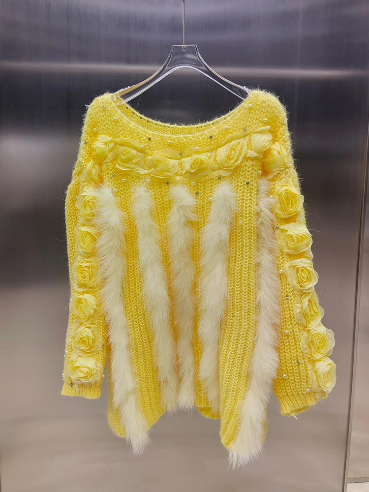 

Осень-зима 2022, женское пальто из натурального лисьего меха, свитер, украшение из лисьего меха, полоска, вязаный свитер, верхняя одежда