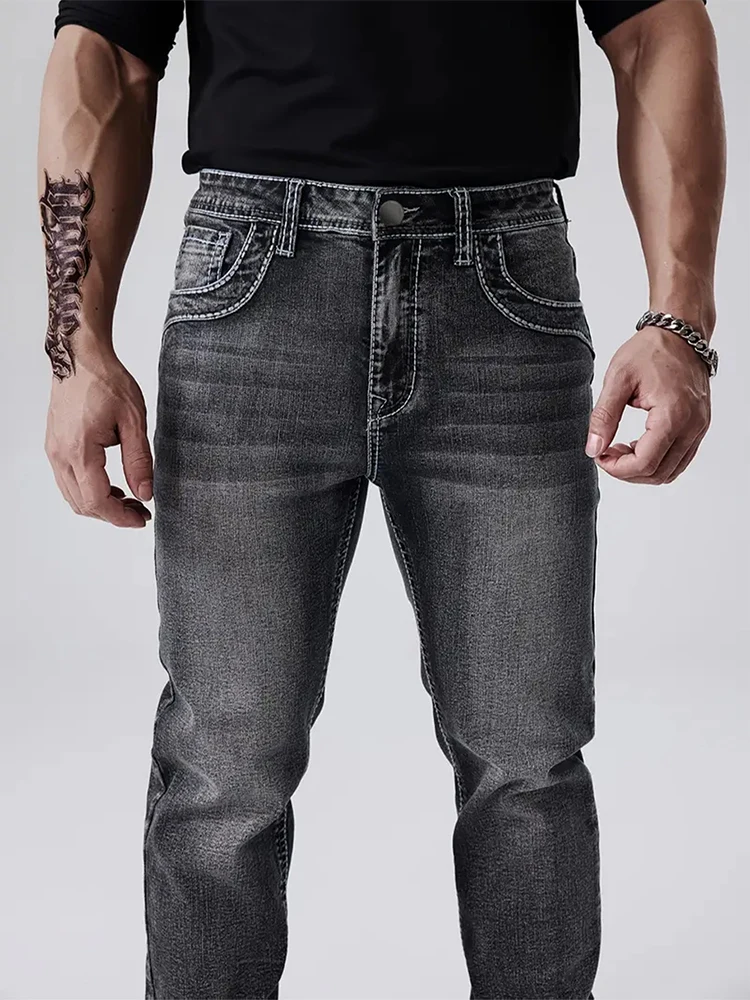 Vintage Embroidery Patchwork Straight Jeans Men Outdoor  Motor Cycling Jean Trousers Mens Fall Trendy Slim Elastic Denim Pants