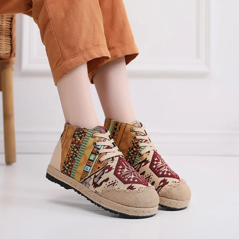 Women Shoes Boho Cotton Linen Canvas Single National Woven Round Toe Lace Up Cloth Shoes Woman Casual Flat Booties Shoes Size 40