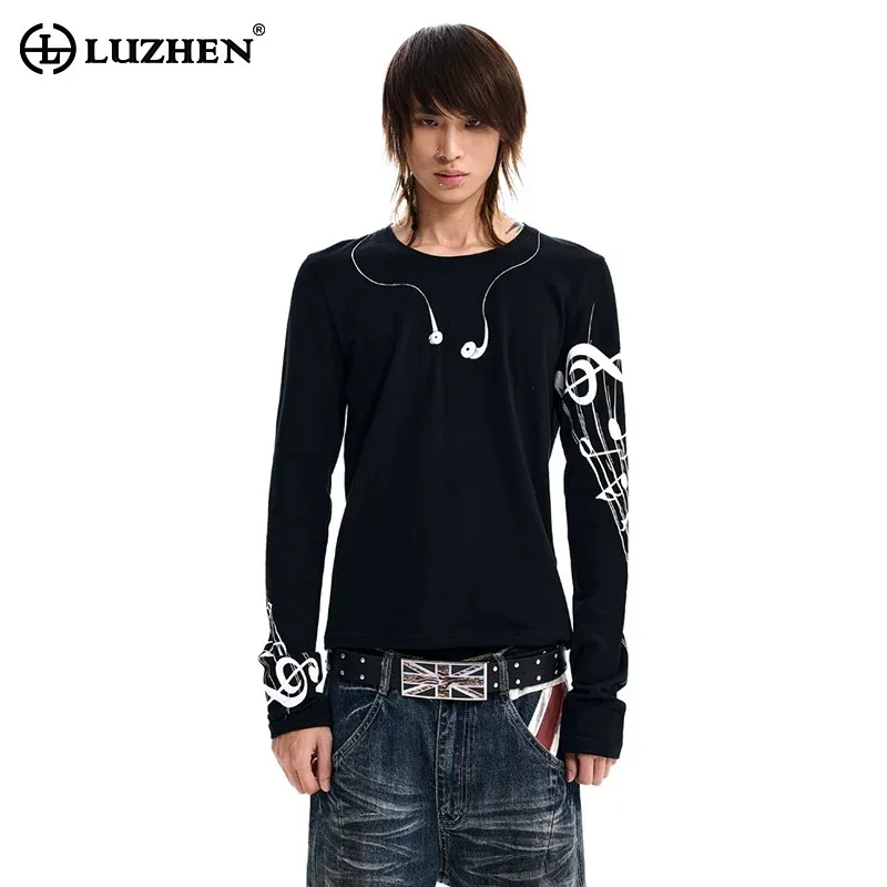 LUZHEN 2026 New Trendy Musical Note Pattern Printed Long Sleeve T-shirts Men's Handsome Round Neck Casual Male Clothes JY8681
