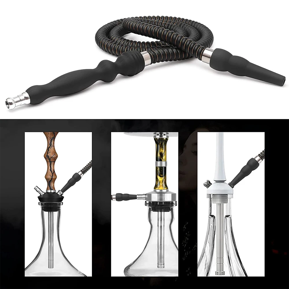 DEJAYA Hookah Hose Rubber Handle with Metal Tip Leather Wrapped Shisha Pipe Hose Washable Durable Chicha Narguile Hose 1.5m